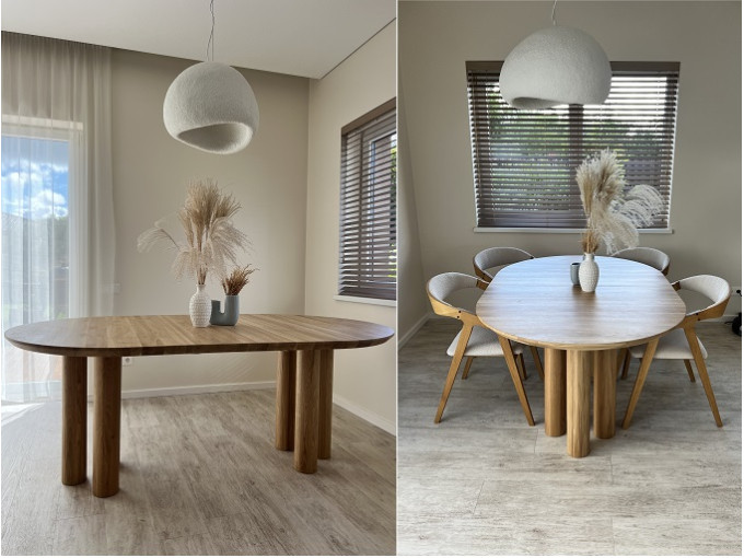 ĄŽUOLO MASYVO VALGOMOJO STALAS - IMOLA, IŠSKLEIDŽIAMAS, ĄŽUOLINĖS KOJOS